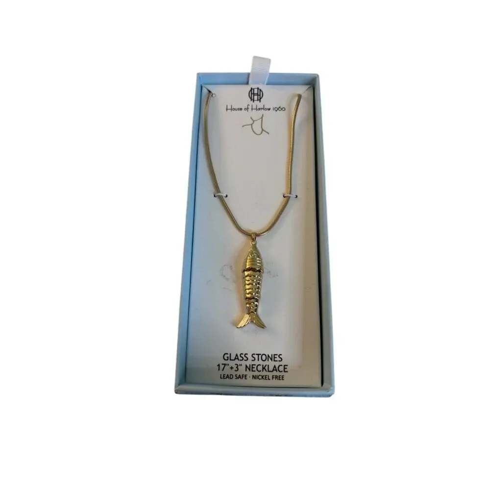 House of Harlow 1960 Gold Tone Fish Pendant Necklace.